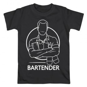 Мужская футболка хлопок с принтом Bartender в Екатеринбурге, 100% хлопок | прямой крой, круглый вырез горловины, длина до линии бедер, слегка спущенное плечо. | bar | barman | bartender | бармен | бартендер | бутылки | виски | день бармена | мужчина | надпись | подарок бармену | рисунок | человек | шейкер