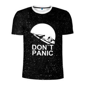 Мужская футболка 3D спортивная с принтом DON`T PANIC в Екатеринбурге, 100% полиэстер с улучшенными характеристиками | приталенный силуэт, круглая горловина, широкие плечи, сужается к линии бедра | Тематика изображения на принте: don t panic | elon mask | galaxy | nasa | space x | stars | галактика | звезды | знаменитости | илон маск | космос | не паникуйте