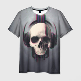 Мужская футболка 3D с принтом Skull Glitch в Екатеринбурге, 100% полиэфир | прямой крой, круглый вырез горловины, длина до линии бедер | Тематика изображения на принте: dnb | glitch | skull | глитч | глич | драм | клубная | мошпит | музыка | пиратская станция | рейв | слэм | череп | электро
