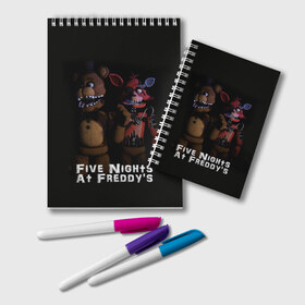 Блокнот с принтом Five Nights At Freddys в Екатеринбурге, 100% бумага | 48 листов, плотность листов — 60 г/м2, плотность картонной обложки — 250 г/м2. Листы скреплены удобной пружинной спиралью. Цвет линий — светло-серый
 | Тематика изображения на принте: five nights at freddys | foxy | аниматроники | игра | компьютерная игра | робот | фокси | фредди | чика