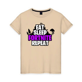 Женская футболка хлопок с принтом Eat Sleep Fortnite Repeat в Екатеринбурге, 100% хлопок | прямой крой, круглый вырез горловины, длина до линии бедер, слегка спущенное плечо | eat | fortnite | game | gamer | repeat | sleep | twitch | игра | игрок | твич | форнайт | фортнайт