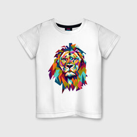 Детская футболка хлопок с принтом Lion в Екатеринбурге, 100% хлопок | круглый вырез горловины, полуприлегающий силуэт, длина до линии бедер | cat | geometry | leo | lion | polygonal | wild | геометрия | дикий | животное | кот | лев | хищник | яркий