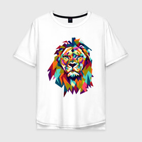 Мужская футболка хлопок Oversize с принтом Lion в Екатеринбурге, 100% хлопок | свободный крой, круглый ворот, “спинка” длиннее передней части | Тематика изображения на принте: cat | geometry | leo | lion | polygonal | wild | геометрия | дикий | животное | кот | лев | хищник | яркий