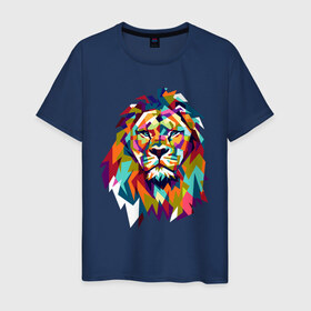 Мужская футболка хлопок с принтом Lion в Екатеринбурге, 100% хлопок | прямой крой, круглый вырез горловины, длина до линии бедер, слегка спущенное плечо. | cat | geometry | leo | lion | polygonal | wild | геометрия | дикий | животное | кот | лев | хищник | яркий