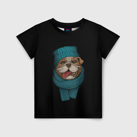 Детская футболка 3D с принтом Бульдог  в Екатеринбурге, 100% гипоаллергенный полиэфир | прямой крой, круглый вырез горловины, длина до линии бедер, чуть спущенное плечо, ткань немного тянется | арт | бульдог | вязанный | зима | зимняя одежда | иллюстрация | пес | песик | псина | собака | шарф