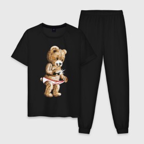 Мужская пижама хлопок с принтом Nasty bear в Екатеринбурге, 100% хлопок | брюки и футболка прямого кроя, без карманов, на брюках мягкая резинка на поясе и по низу штанин
 | Тематика изображения на принте: медведь | мишка | плюшевый | селфи | тедди