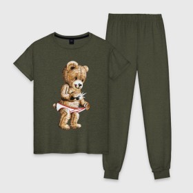 Женская пижама хлопок с принтом Nasty bear в Екатеринбурге, 100% хлопок | брюки и футболка прямого кроя, без карманов, на брюках мягкая резинка на поясе и по низу штанин | Тематика изображения на принте: медведь | мишка | плюшевый | селфи | тедди