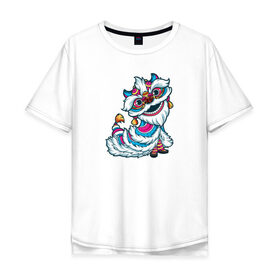 Мужская футболка хлопок Oversize с принтом Танец льва (Китай) в Екатеринбурге, 100% хлопок | свободный крой, круглый ворот, “спинка” длиннее передней части | дракон | красный | лев | национальный | танец