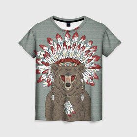 Женская футболка 3D с принтом Медведь индеец в Екатеринбурге, 100% полиэфир ( синтетическое хлопкоподобное полотно) | прямой крой, круглый вырез горловины, длина до линии бедер | animal | bear | braids | feathers | in | взгляд | голова | графика | дикий | животное | индеец | ирокез | картинка | косы | красивый | крутой | лучший | медведь | мода | модный | молодёжная | орнамент | перья | природа