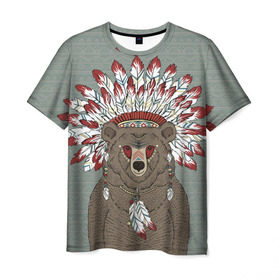 Мужская футболка 3D с принтом Медведь индеец в Екатеринбурге, 100% полиэфир | прямой крой, круглый вырез горловины, длина до линии бедер | Тематика изображения на принте: animal | bear | braids | feathers | in | взгляд | голова | графика | дикий | животное | индеец | ирокез | картинка | косы | красивый | крутой | лучший | медведь | мода | модный | молодёжная | орнамент | перья | природа