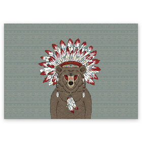 Поздравительная открытка с принтом Медведь индеец в Екатеринбурге, 100% бумага | плотность бумаги 280 г/м2, матовая, на обратной стороне линовка и место для марки
 | Тематика изображения на принте: animal | bear | braids | feathers | in | взгляд | голова | графика | дикий | животное | индеец | ирокез | картинка | косы | красивый | крутой | лучший | медведь | мода | модный | молодёжная | орнамент | перья | природа