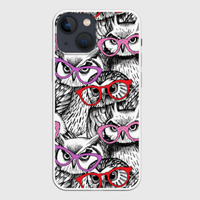 Чехол для iPhone 13 mini с принтом Совы в Екатеринбурге,  |  | birds | li | night | owls | predators | red | белый | взгляд | горошек | графика | картинка | красивый | красный | крутой | лучший | мода | модный | молодёжная | ночные | очки | птицы | рисунок | розовый | сила | сиреневый