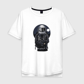 Мужская футболка хлопок Oversize с принтом Biker Astronaut в Екатеринбурге, 100% хлопок | свободный крой, круглый ворот, “спинка” длиннее передней части | астронавт | байкер | вселенная | звезды | космонавт | космос | косуха | крутой | луна | наса | рок | шлем