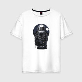 Женская футболка хлопок Oversize с принтом Biker Astronaut в Екатеринбурге, 100% хлопок | свободный крой, круглый ворот, спущенный рукав, длина до линии бедер
 | астронавт | байкер | вселенная | звезды | космонавт | космос | косуха | крутой | луна | наса | рок | шлем