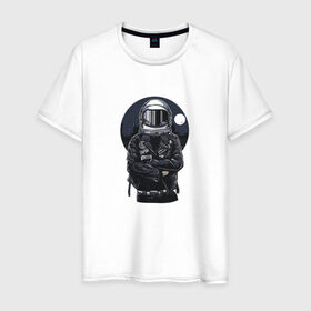 Мужская футболка хлопок с принтом Biker Astronaut в Екатеринбурге, 100% хлопок | прямой крой, круглый вырез горловины, длина до линии бедер, слегка спущенное плечо. | Тематика изображения на принте: астронавт | байкер | вселенная | звезды | космонавт | космос | косуха | крутой | луна | наса | рок | шлем