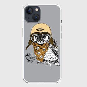 Чехол для iPhone 13 с принтом Wild Сrazy guy в Екатеринбурге,  |  | wild сrazy guy дикий | бандана | взгляд | графика | искусство | картинка | каска | коричневый | кости | крутой | лучший | мода | модный | молодёжная | очки | пилот | платок | птица | рисунок | серый | сова