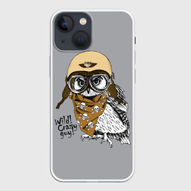 Чехол для iPhone 13 mini с принтом Wild Сrazy guy в Екатеринбурге,  |  | wild сrazy guy дикий | бандана | взгляд | графика | искусство | картинка | каска | коричневый | кости | крутой | лучший | мода | модный | молодёжная | очки | пилот | платок | птица | рисунок | серый | сова
