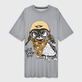 Платье-футболка 3D с принтом Wild Сrazy guy в Екатеринбурге,  |  | wild сrazy guy дикий | бандана | взгляд | графика | искусство | картинка | каска | коричневый | кости | крутой | лучший | мода | модный | молодёжная | очки | пилот | платок | птица | рисунок | серый | сова
