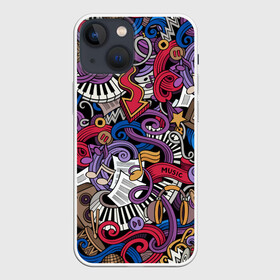 Чехол для iPhone 13 mini с принтом Music collage в Екатеринбурге,  |  | collage | instruments | music | musical | not | волны | гитары | графика | звёзды | инструменты | искусство | картинка | клавиши | коллаж | колонки | крутой | лучший | микрофоны | мода | модный | молодёжная | музыка