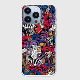 Чехол для iPhone 13 Pro с принтом Music collage в Екатеринбурге,  |  | collage | instruments | music | musical | not | волны | гитары | графика | звёзды | инструменты | искусство | картинка | клавиши | коллаж | колонки | крутой | лучший | микрофоны | мода | модный | молодёжная | музыка