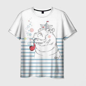 Мужская футболка 3D с принтом Бегемот моряк в Екатеринбурге, 100% полиэфир | прямой крой, круглый вырез горловины, длина до линии бедер | a | blush | bubbles | cap | deck | hippo | pipe | sailor | sea | ship | smokes | stripes | бегемот | графика | детский | искусство | картинка | корабль | крутой | лучший | мода | модный | молодёжная | море | моряк | палуба | пилотка | полосы