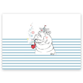 Поздравительная открытка с принтом Бегемот моряк в Екатеринбурге, 100% бумага | плотность бумаги 280 г/м2, матовая, на обратной стороне линовка и место для марки
 | a | blush | bubbles | cap | deck | hippo | pipe | sailor | sea | ship | smokes | stripes | бегемот | графика | детский | искусство | картинка | корабль | крутой | лучший | мода | модный | молодёжная | море | моряк | палуба | пилотка | полосы