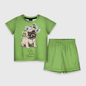 Детский костюм с шортами 3D с принтом My little hippie в Екатеринбурге,  |  | Тематика изображения на принте: breed | dog | hippie | kid | little | my | pug | puppy | wreath | венок | графика | зелёный | картинка | красивый | крутой | лучший | маленький | малыш | мода | модный | мой | молодёжная | мопс | порода | рисунок | ромашки | собака