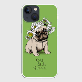 Чехол для iPhone 13 mini с принтом My little hippie в Екатеринбурге,  |  | Тематика изображения на принте: breed | dog | hippie | kid | little | my | pug | puppy | wreath | венок | графика | зелёный | картинка | красивый | крутой | лучший | маленький | малыш | мода | модный | мой | молодёжная | мопс | порода | рисунок | ромашки | собака