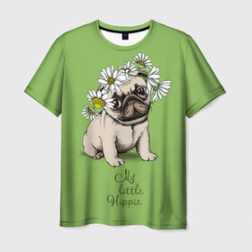 Мужская футболка 3D с принтом My little hippie в Екатеринбурге, 100% полиэфир | прямой крой, круглый вырез горловины, длина до линии бедер | breed | dog | hippie | kid | little | my | pug | puppy | wreath | венок | графика | зелёный | картинка | красивый | крутой | лучший | маленький | малыш | мода | модный | мой | молодёжная | мопс | порода | рисунок | ромашки | собака