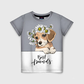 Детская футболка 3D с принтом Best friend в Екатеринбурге, 100% гипоаллергенный полиэфир | прямой крой, круглый вырез горловины, длина до линии бедер, чуть спущенное плечо, ткань немного тянется | backgroun | best | breed | daisies | dog | flowers | friend | green | kid | puppy | wreath | венок | графика | друг | зелёный | картинка | красивый | крутой | лучший | малыш | мода | модный | молодёжная | порода | рисунок | ромашки | собака