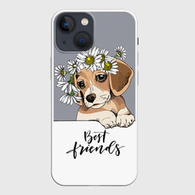 Чехол для iPhone 13 mini с принтом Best friend в Екатеринбурге,  |  | backgroun | best | breed | daisies | dog | flowers | friend | green | kid | puppy | wreath | венок | графика | друг | зелёный | картинка | красивый | крутой | лучший | малыш | мода | модный | молодёжная | порода | рисунок | ромашки | собака