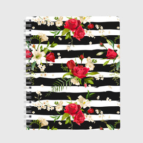 Тетрадь с принтом Розы и орхидеи в Екатеринбурге, 100% бумага | 48 листов, плотность листов — 60 г/м2, плотность картонной обложки — 250 г/м2. Листы скреплены сбоку удобной пружинной спиралью. Уголки страниц и обложки скругленные. Цвет линий — светло-серый
 | flowers | orchi | roses | белый | букеты | графика | зелёный | искусство | картинка | красивый | красный | крутой | листья | мода | модный | молодёжная | орнамент | орхидеи | полосы | рисунок | розы | рукоделие