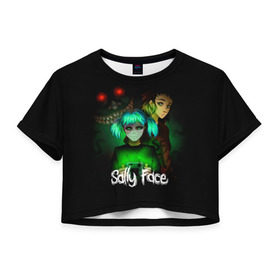Женская футболка 3D укороченная с принтом Sally Face в Екатеринбурге, 100% полиэстер | круглая горловина, длина футболки до линии талии, рукава с отворотами | blue | diane | face | fisher | gizmo | henry | johnson | killer | larry | sally | генри | гизмо | джонсон | диана | ларри | лицо | салли | фейс | фишер