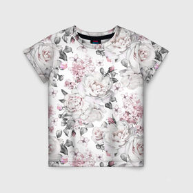 Детская футболка 3D с принтом Белые розы в Екатеринбурге, 100% гипоаллергенный полиэфир | прямой крой, круглый вырез горловины, длина до линии бедер, чуть спущенное плечо, ткань немного тянется | bouquets | color | gray | leave | lowers | ornament | patterns | pink | roses | букеты | графика | искусство | картинка | красивый | крутой | листья | мода | модный | молодёжная | орнамент | рисунок | розовые | розы | рукоделие | серый