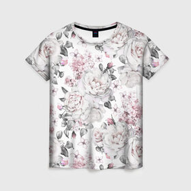 Женская футболка 3D с принтом Белые розы в Екатеринбурге, 100% полиэфир ( синтетическое хлопкоподобное полотно) | прямой крой, круглый вырез горловины, длина до линии бедер | Тематика изображения на принте: bouquets | color | gray | leave | lowers | ornament | patterns | pink | roses | букеты | графика | искусство | картинка | красивый | крутой | листья | мода | модный | молодёжная | орнамент | рисунок | розовые | розы | рукоделие | серый
