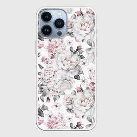 Чехол для iPhone 13 Pro Max с принтом Белые розы в Екатеринбурге,  |  | bouquets | color | gray | leave | lowers | ornament | patterns | pink | roses | букеты | графика | искусство | картинка | красивый | крутой | листья | мода | модный | молодёжная | орнамент | рисунок | розовые | розы | рукоделие | серый