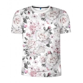 Мужская футболка 3D спортивная с принтом Белые розы в Екатеринбурге, 100% полиэстер с улучшенными характеристиками | приталенный силуэт, круглая горловина, широкие плечи, сужается к линии бедра | Тематика изображения на принте: bouquets | color | gray | leave | lowers | ornament | patterns | pink | roses | букеты | графика | искусство | картинка | красивый | крутой | листья | мода | модный | молодёжная | орнамент | рисунок | розовые | розы | рукоделие | серый