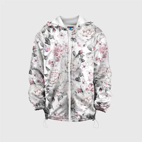 Детская куртка 3D с принтом Белые розы в Екатеринбурге, 100% полиэстер | застежка — молния, подол и капюшон оформлены резинкой с фиксаторами, по бокам — два кармана без застежек, один потайной карман на груди, плотность верхнего слоя — 90 г/м2; плотность флисового подклада — 260 г/м2 | bouquets | color | gray | leave | lowers | ornament | patterns | pink | roses | букеты | графика | искусство | картинка | красивый | крутой | листья | мода | модный | молодёжная | орнамент | рисунок | розовые | розы | рукоделие | серый