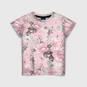 Детская футболка 3D с принтом Розовые розы в Екатеринбурге, 100% гипоаллергенный полиэфир | прямой крой, круглый вырез горловины, длина до линии бедер, чуть спущенное плечо, ткань немного тянется | bouquets | color | gray | leave | lowers | ornament | patterns | pink | roses | букеты | графика | искусство | картинка | красивый | крутой | листья | мода | модный | молодёжная | орнамент | рисунок | розовые | розы | рукоделие | серый