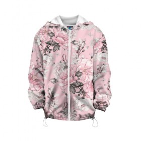Детская куртка 3D с принтом Розовые розы в Екатеринбурге, 100% полиэстер | застежка — молния, подол и капюшон оформлены резинкой с фиксаторами, по бокам — два кармана без застежек, один потайной карман на груди, плотность верхнего слоя — 90 г/м2; плотность флисового подклада — 260 г/м2 | bouquets | color | gray | leave | lowers | ornament | patterns | pink | roses | букеты | графика | искусство | картинка | красивый | крутой | листья | мода | модный | молодёжная | орнамент | рисунок | розовые | розы | рукоделие | серый