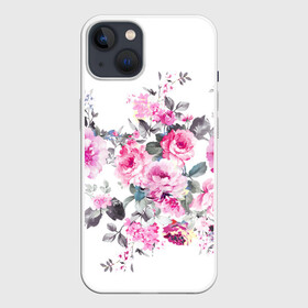 Чехол для iPhone 13 с принтом Розовые розы в Екатеринбурге,  |  | bouquets | color | gray | leave | lowers | ornament | patterns | pink | roses | букеты | графика | искусство | картинка | красивый | крутой | листья | мода | модный | молодёжная | орнамент | рисунок | розовые | розы | рукоделие | серый