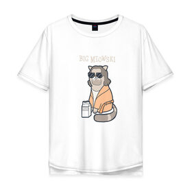 Мужская футболка хлопок Oversize с принтом Big Meowski в Екатеринбурге, 100% хлопок | свободный крой, круглый ворот, “спинка” длиннее передней части | Тематика изображения на принте: большой лебовски | боулинг | дюдя | кино | комедия | кот | котейка | котенок | котэ | кошка | молоко | хиппи | чувак | юмор