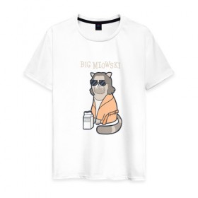 Мужская футболка хлопок с принтом Big Meowski в Екатеринбурге, 100% хлопок | прямой крой, круглый вырез горловины, длина до линии бедер, слегка спущенное плечо. | большой лебовски | боулинг | дюдя | кино | комедия | кот | котейка | котенок | котэ | кошка | молоко | хиппи | чувак | юмор