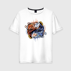 Женская футболка хлопок Oversize с принтом Инь Янь Феникс в Екатеринбурге, 100% хлопок | свободный крой, круглый ворот, спущенный рукав, длина до линии бедер
 | phoenix | yin yang | огонь и лед | пламя | птица | птицы | феникс | фениксы