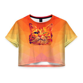 Женская футболка 3D укороченная с принтом Подмигивающий кот (Low Poly) в Екатеринбурге, 100% полиэстер | круглая горловина, длина футболки до линии талии, рукава с отворотами | cat | fox | kitty | low | lowpoly | poly | веселая | геометрия | грозовой кошак | желтая | кот | котейка | котофей | кошак | лиса | любителям кошек | низкополигональный | позитив | прикольная | рисунок | рыжая | узор