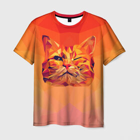 Мужская футболка 3D с принтом Подмигивающий кот (Low Poly) в Екатеринбурге, 100% полиэфир | прямой крой, круглый вырез горловины, длина до линии бедер | cat | fox | kitty | low | lowpoly | poly | веселая | геометрия | грозовой кошак | желтая | кот | котейка | котофей | кошак | лиса | любителям кошек | низкополигональный | позитив | прикольная | рисунок | рыжая | узор