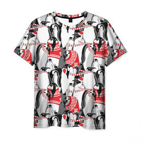 Мужская футболка 3D с принтом Пингвины в Екатеринбурге, 100% полиэфир | прямой крой, круглый вырез горловины, длина до линии бедер | аниме | антарктида | графика | греются | зима | искусство | картинка | красивый | крутой | м | мода | модный | молодёжная | новый год | орнамент | пингвины | полоски | праздник | птицы | рисунок