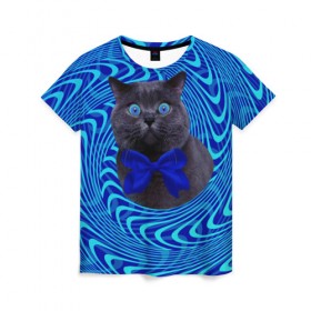 Женская футболка 3D с принтом Гипнотический кот в Екатеринбурге, 100% полиэфир ( синтетическое хлопкоподобное полотно) | прямой крой, круглый вырез горловины, длина до линии бедер | big | арт | крупные арты | крупные принты | сумасшедшие арты