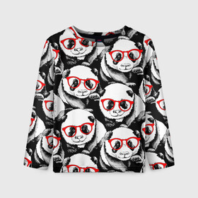 Детский лонгслив 3D с принтом Панды в красных очках в Екатеринбурге, 100% полиэстер | длинные рукава, круглый вырез горловины, полуприлегающий силуэт
 | animals | bears | funny | head | muzzl | pandas | red | весёлые | взгляд | голова | графика | животные | искусство | картинка | красивый | красные | крутой | медведи | мода | модный | молодёжная | очки | панды | рисунок