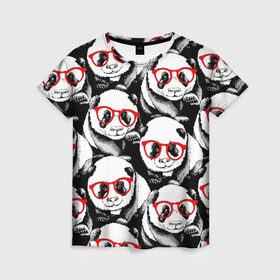 Женская футболка 3D с принтом Панды в красных очках в Екатеринбурге, 100% полиэфир ( синтетическое хлопкоподобное полотно) | прямой крой, круглый вырез горловины, длина до линии бедер | animals | bears | funny | head | muzzl | pandas | red | весёлые | взгляд | голова | графика | животные | искусство | картинка | красивый | красные | крутой | медведи | мода | модный | молодёжная | очки | панды | рисунок